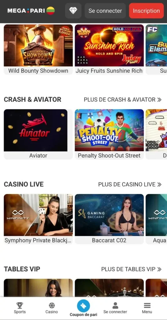 Application mobile Megapari Cameroun avec le casino en direct et les paris sportifs