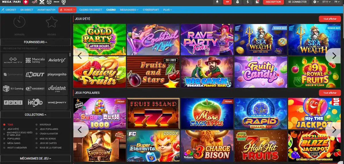 Catalogue de jeux Megapari Cameroun accessible après connexion au compte
