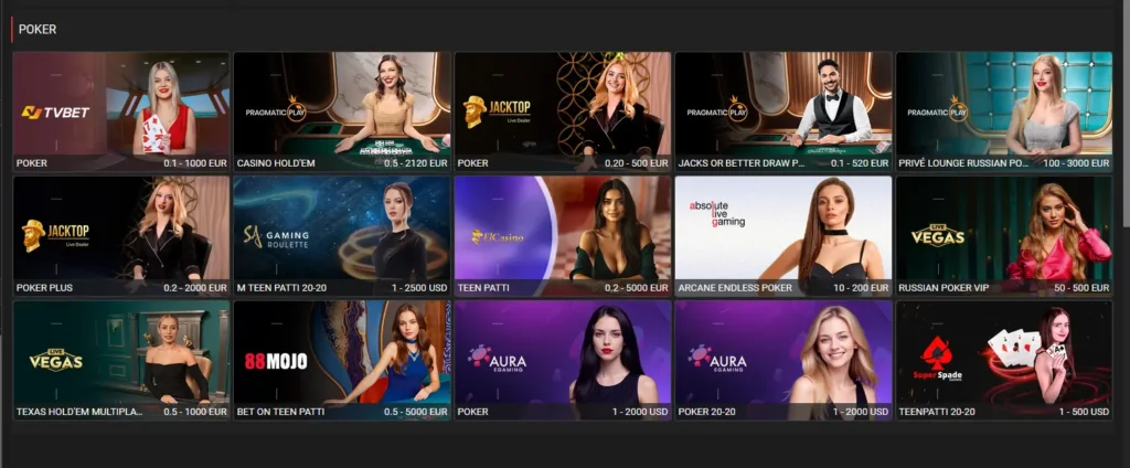 Salle de poker en direct Megapari Cameroun avec le Casino Hold'em et le Three Card Poker