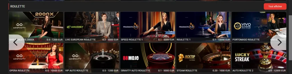 Tables de roulette en direct sur Megapari Cameroun avec les limites de mise affichées